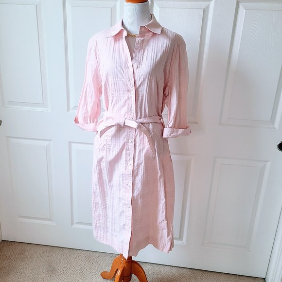 Burberry London Pink Embossed Plaid Belted Button Down Shirt Dress Women's Large - Picture 7 of 15